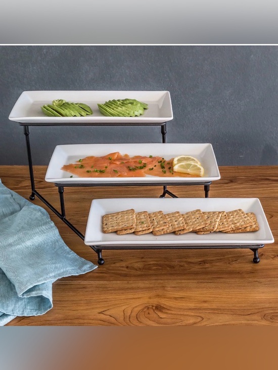 Gibson Other - Gibson 3-Tier White Ceramic Serving Stand with Black Metal Frame - White
